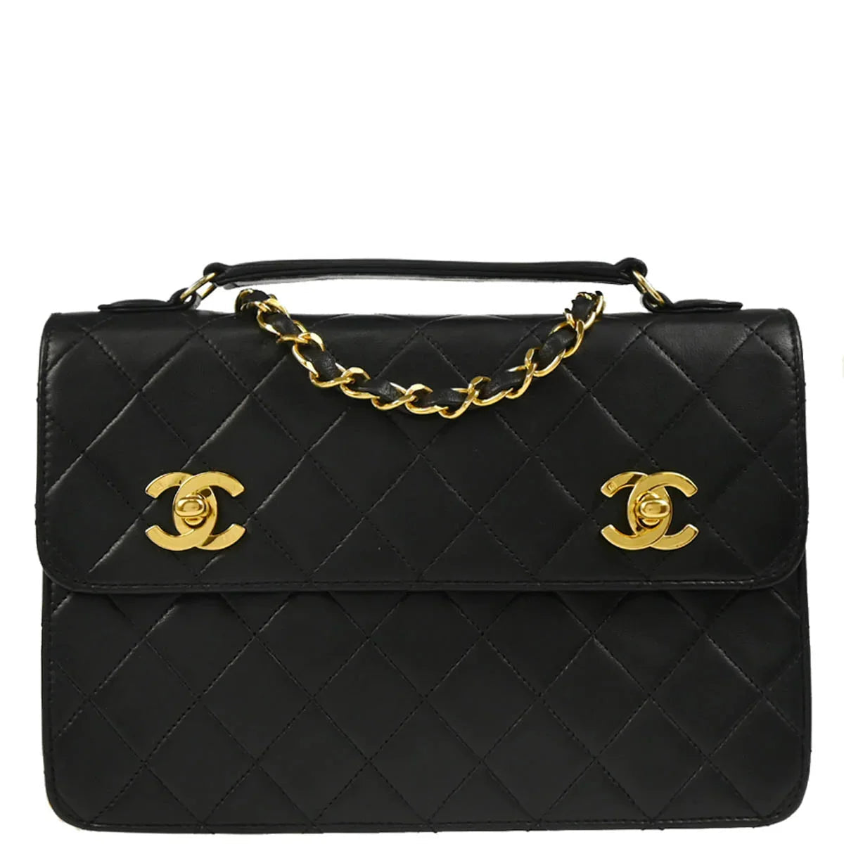 Chanel 1989-1991 Black Lambskin Double Turnlock Shoulder Bag