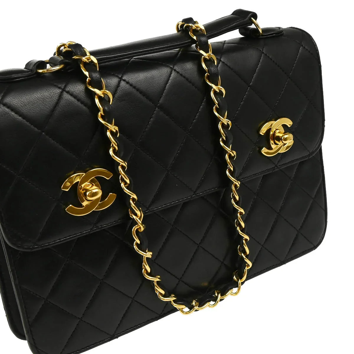 Chanel 1989-1991 Black Lambskin Double Turnlock Shoulder Bag