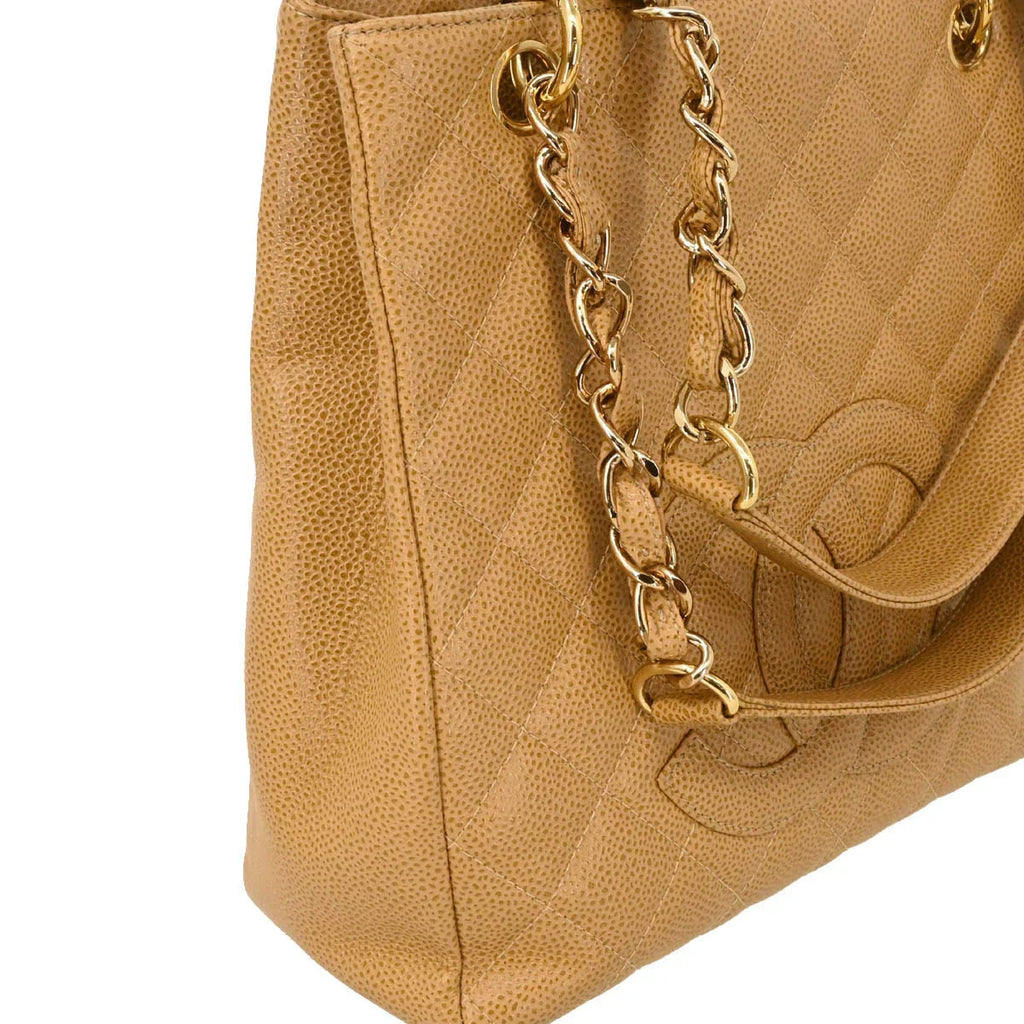 Chanel 2003-2004 Beige Caviar Petite Shopping Tote PST Chain Handbag