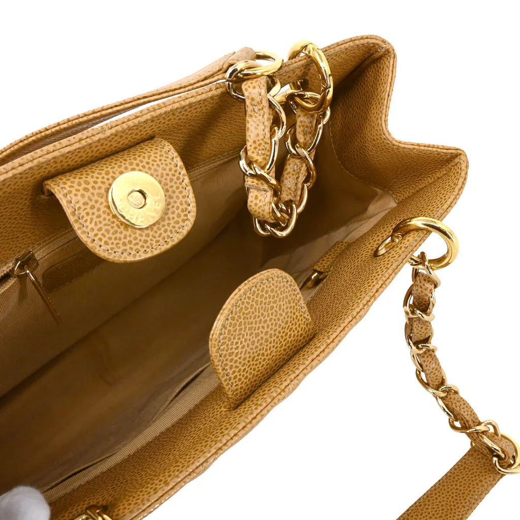 Chanel 2003-2004 Beige Caviar Petite Shopping Tote PST Chain Handbag