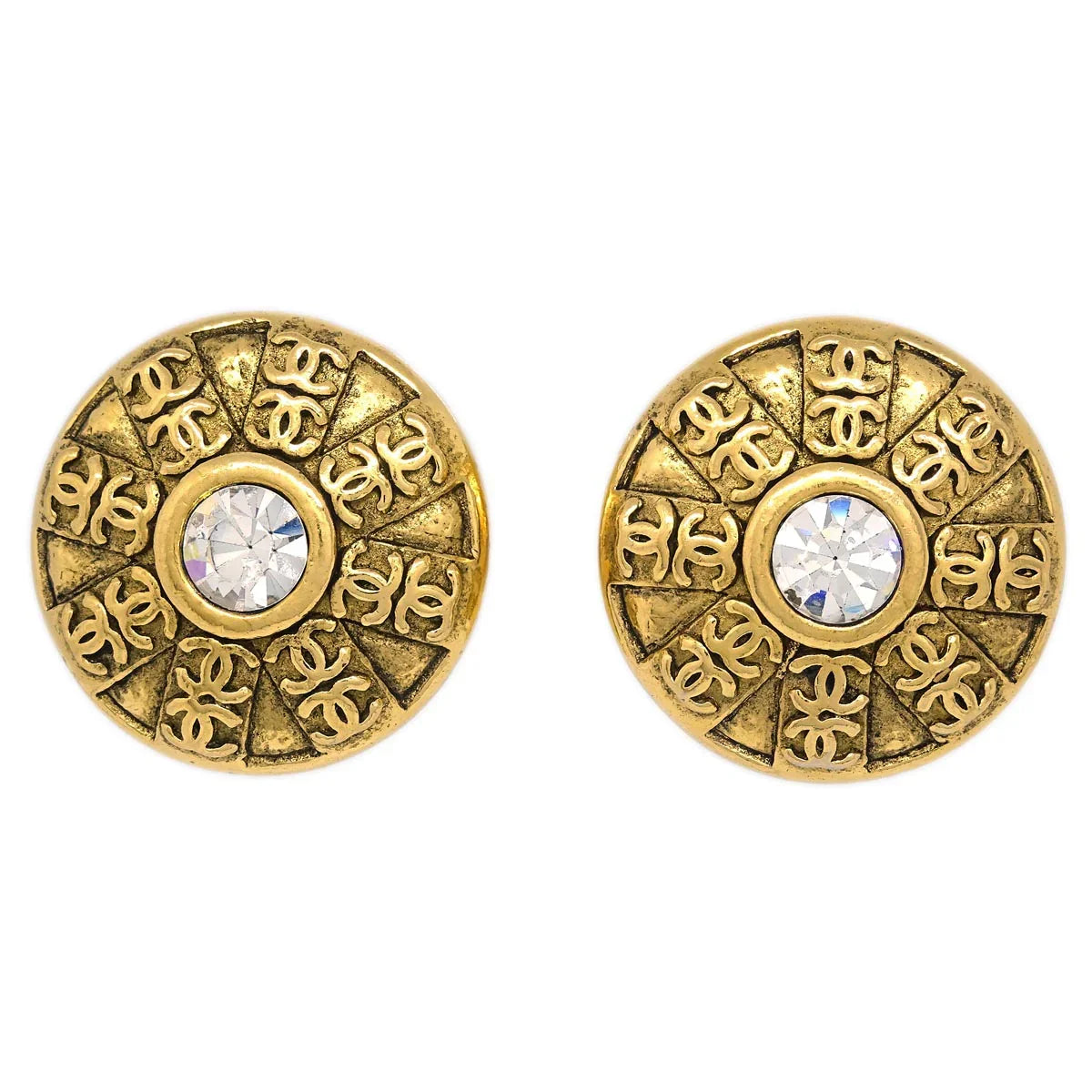 Chanel Gold Button Earrings Clip-On Rhinestone 23