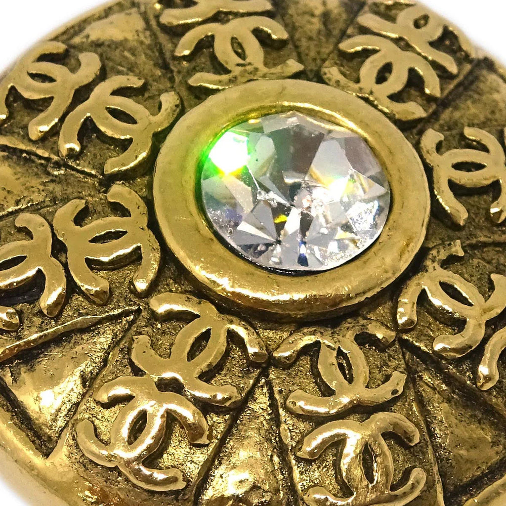 Chanel Gold Button Earrings Clip-On Rhinestone 23