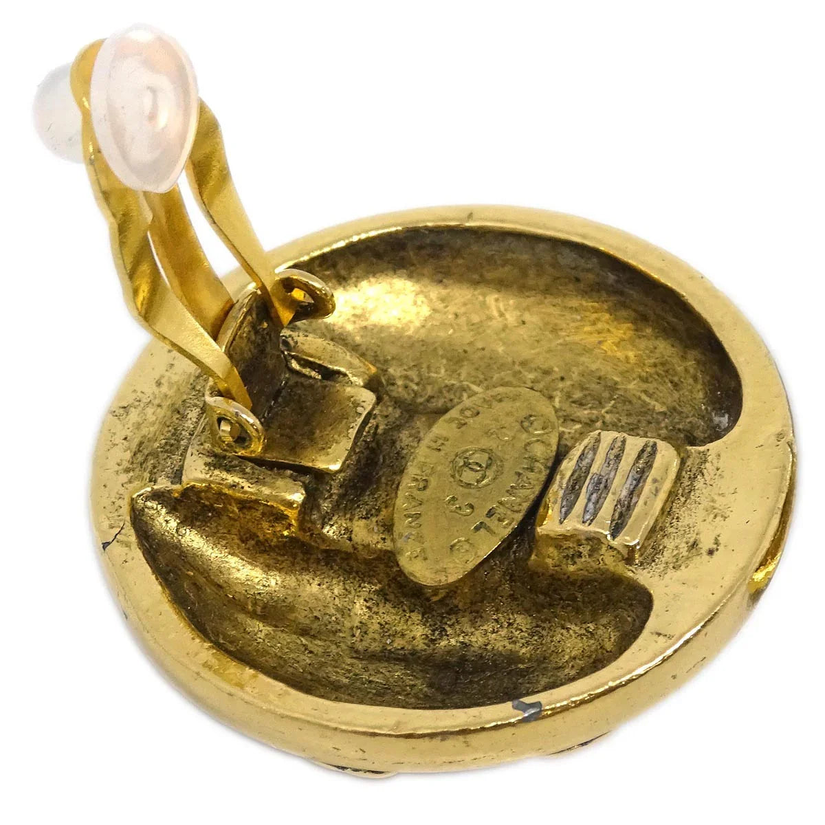 Chanel Gold Button Earrings Clip-On Rhinestone 23