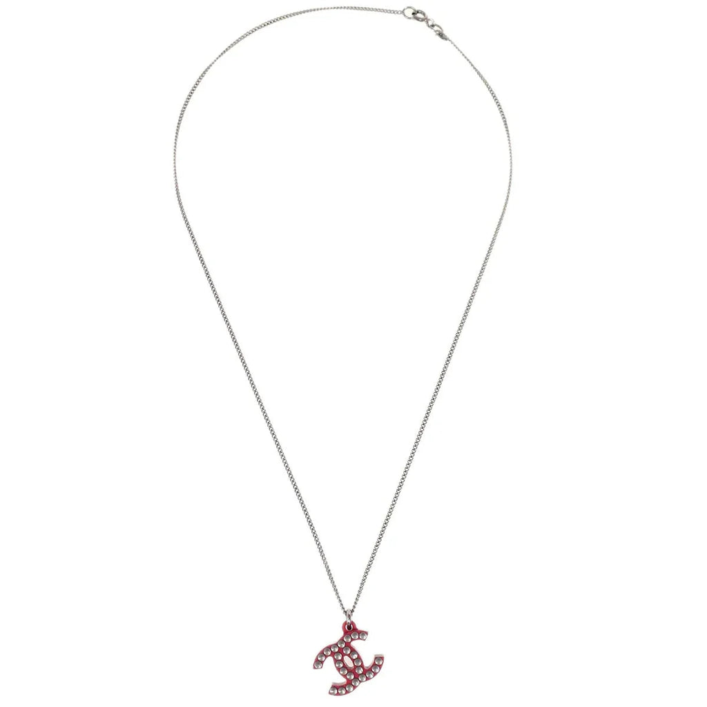 Chanel CC Chain Pendant Necklace Acrylic Silver Red 05P