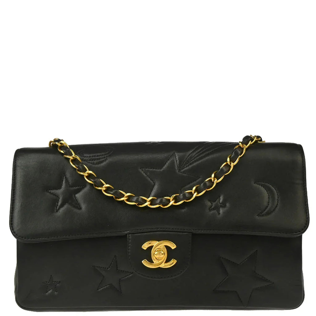 Chanel 1994-1996 Black Lambskin Star Stitch Classic Single Flap Medium