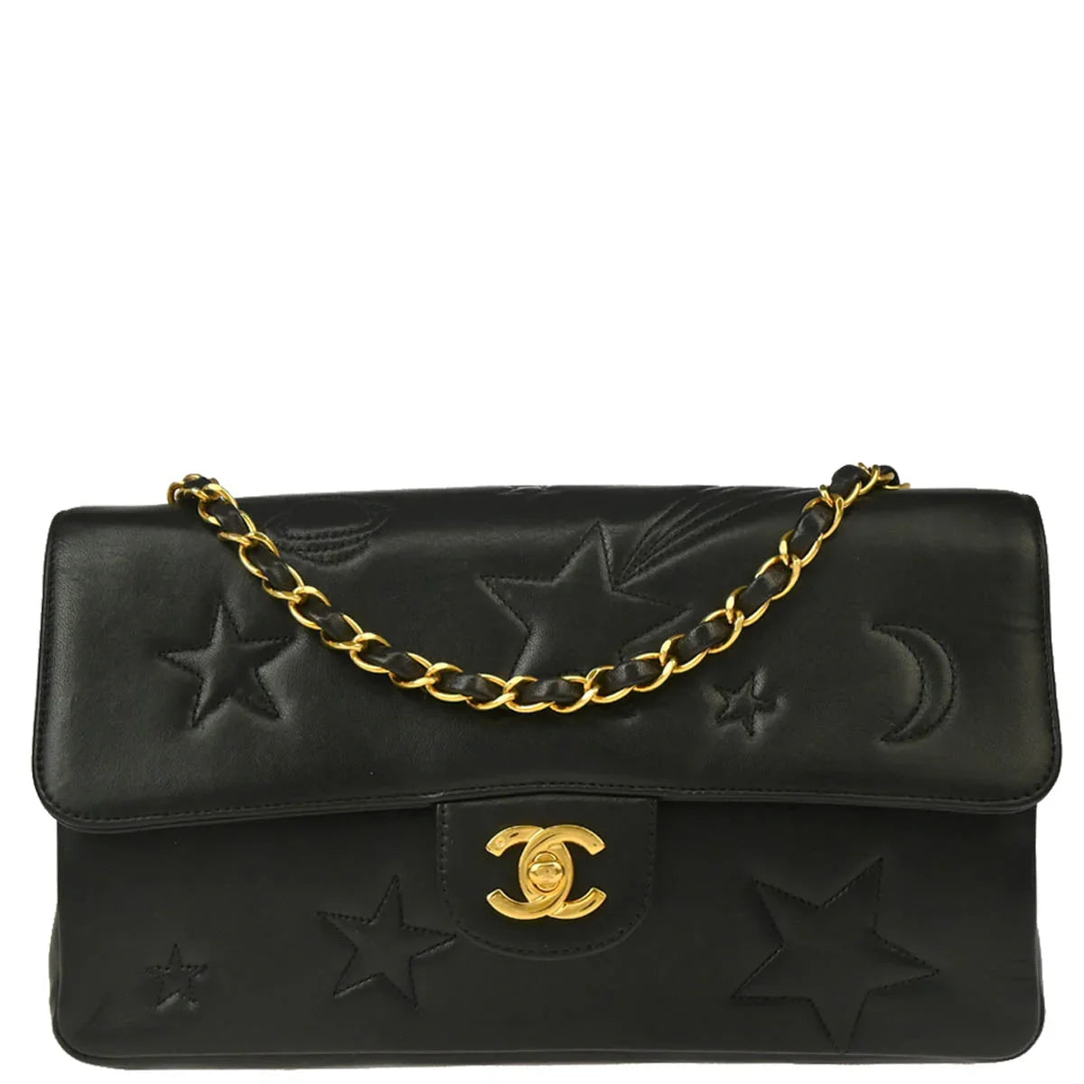 Chanel 1994-1996 Black Lambskin Star Stitch Classic Single Flap Medium