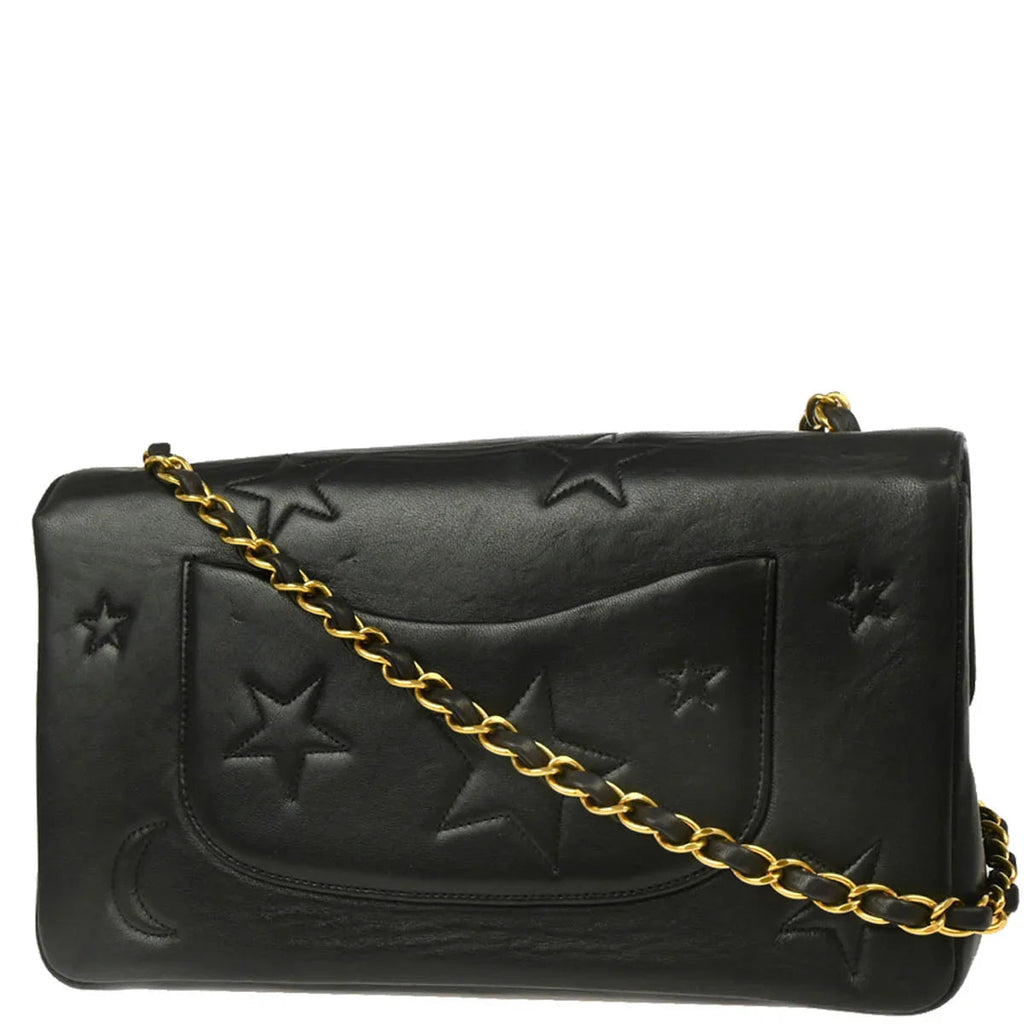 Chanel 1994-1996 Black Lambskin Star Stitch Classic Single Flap Medium