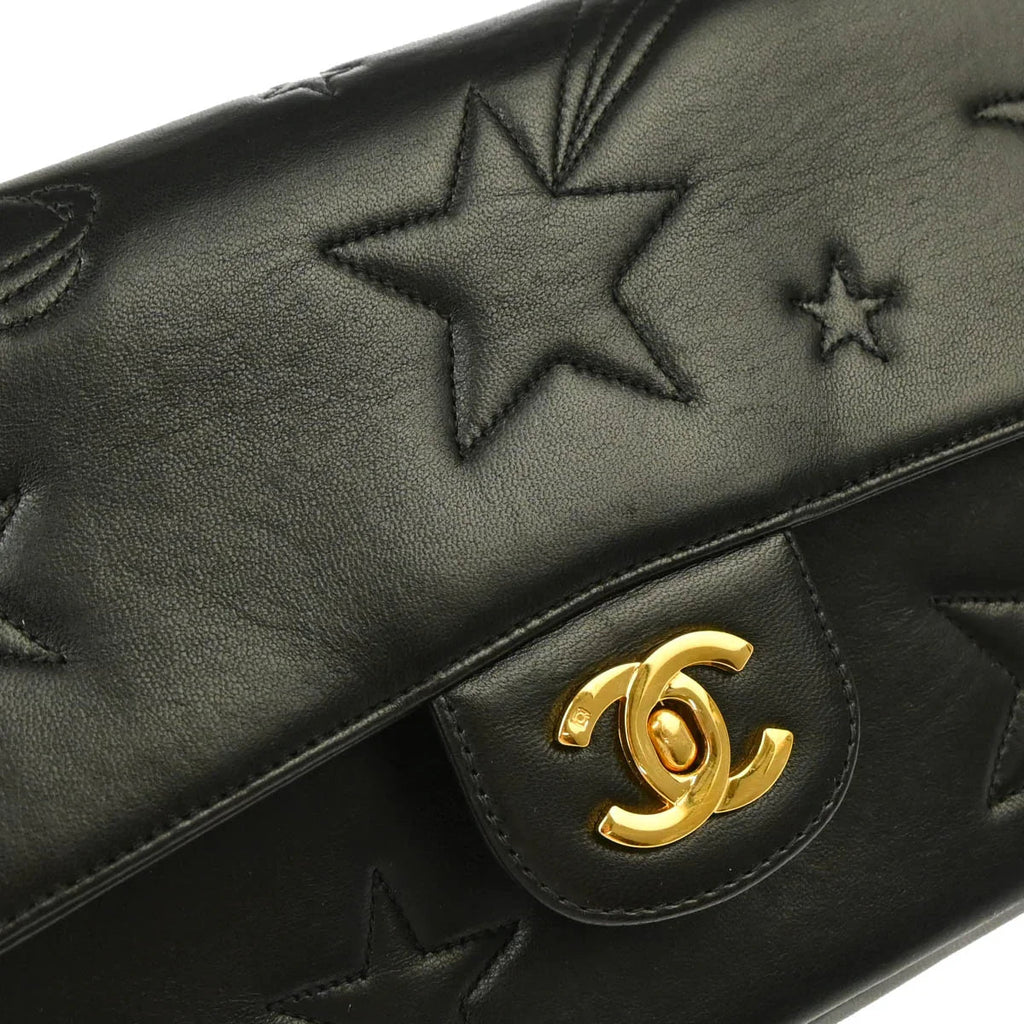 Chanel 1994-1996 Black Lambskin Star Stitch Classic Single Flap Medium