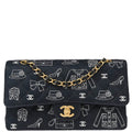 Chanel 2002-2003 Navy Canvas Icon Medium Classic Double Flap Shoulder Bag