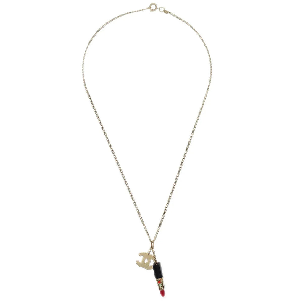 Chanel Lipstick Gold CC Pendant Necklace Rhinestone 04A