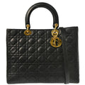 Christian Dior 2001 Black Lambskin Large Lady Dior Cannage 2way Shoulder Handbag