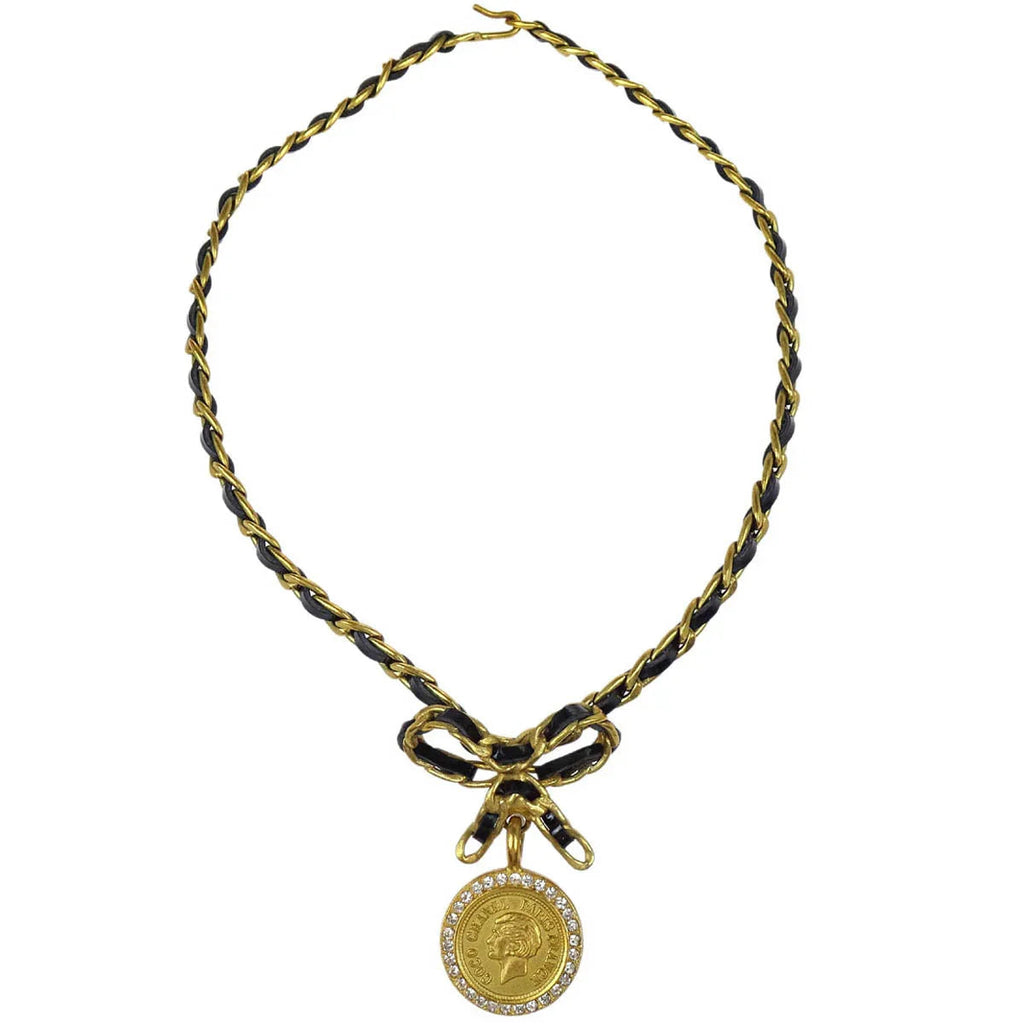 Chanel Gold Black Bow Medallion Rhinestone Choker Necklace 95P