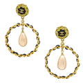 Chanel Dangle Hoop Earrings Gold Costume Pearl Clip-On 95P