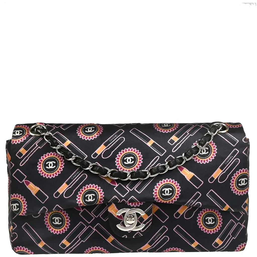 Chanel Black Satin Lipstick Classic Single Flap Shoulder Bag