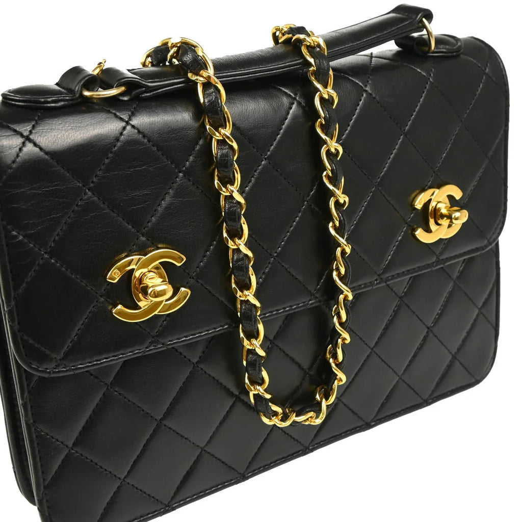 Chanel Black Lambskin Double Turnlock Shoulder Bag