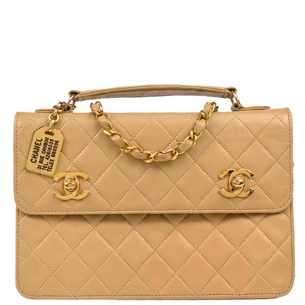 Chanel Beige Lambskin Double Turnlock Shoulder Bag