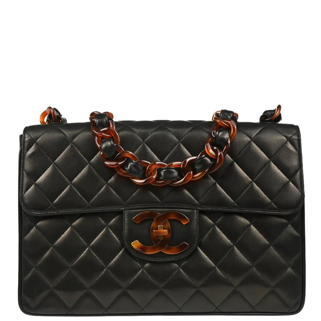 Chanel 1994-1996 Black Lambskin Jumbo Classic Flap Shoulder Bag