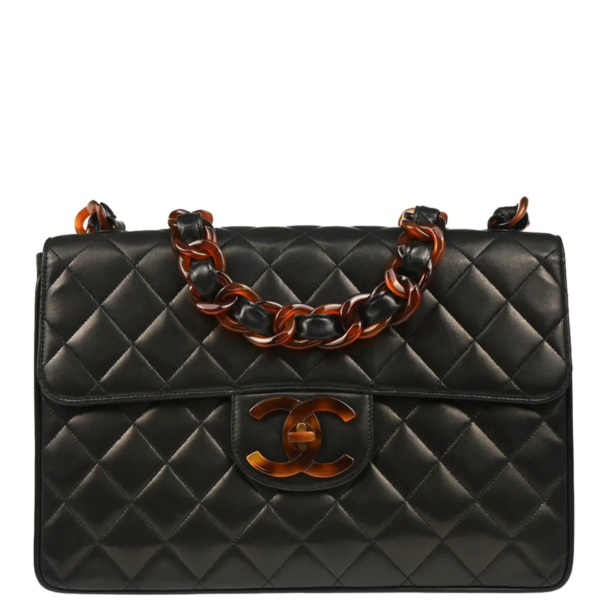 Chanel 1994-1996 Black Lambskin Jumbo Classic Flap Shoulder Bag
