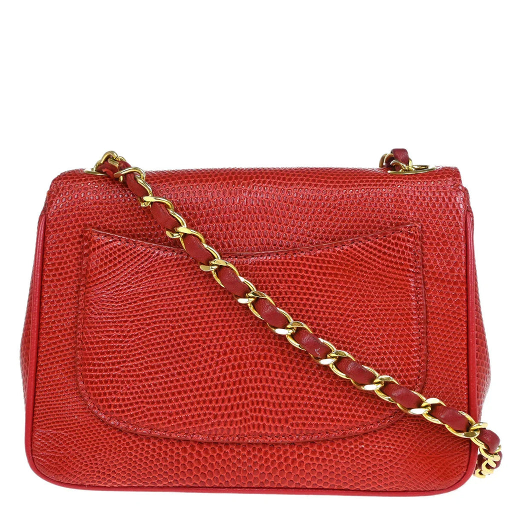 Chanel * Red Lizard Mini Classic Square Flap Shoulder Bag