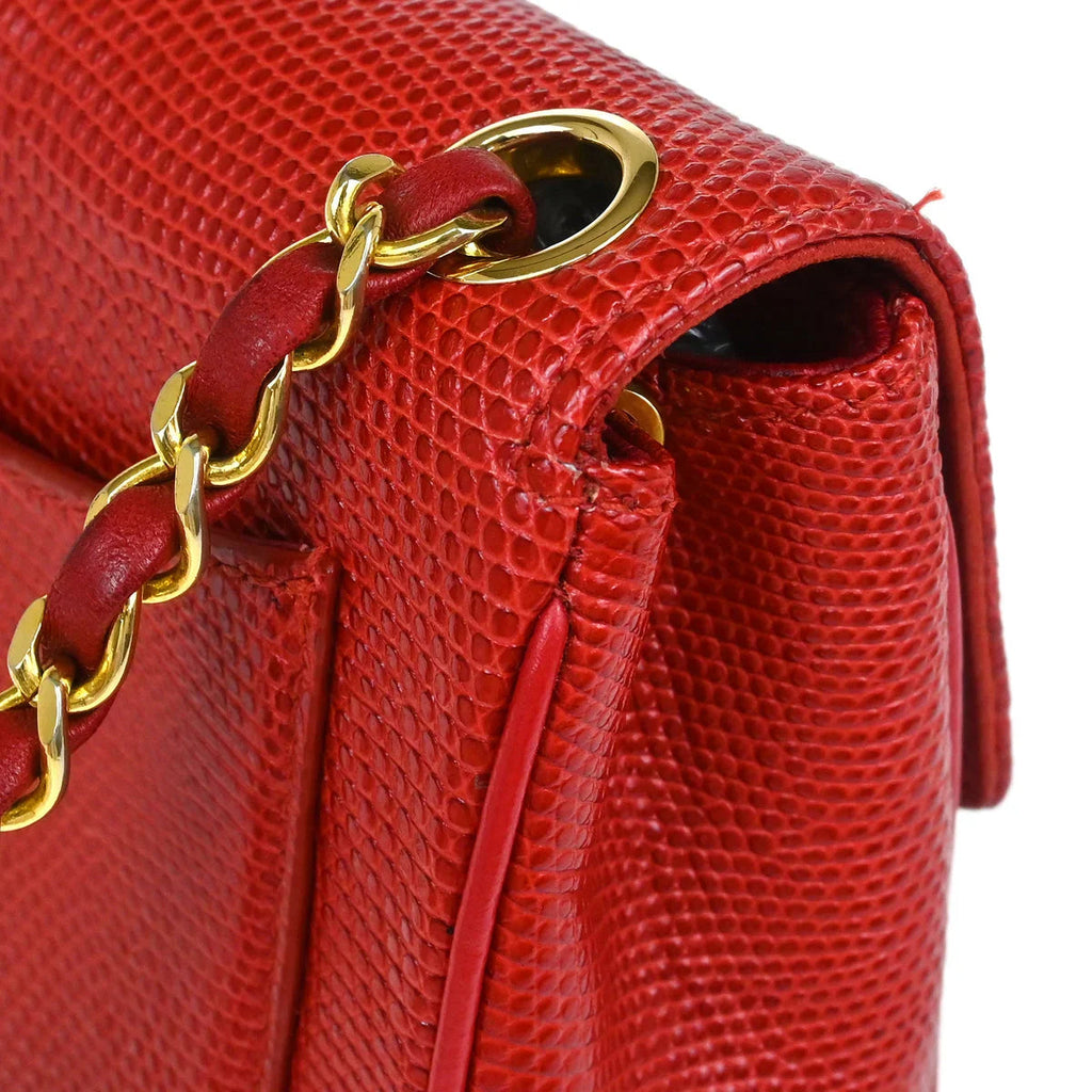 Chanel * Red Lizard Mini Classic Square Flap Shoulder Bag