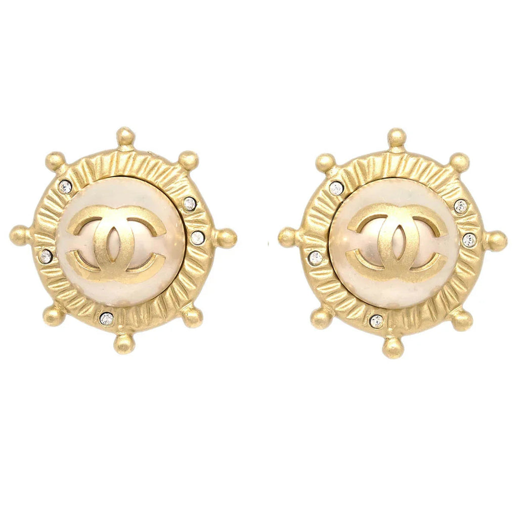Chanel Gold Button Earrings Clip-On Rhinestone Costume Pearl 05A
