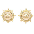 Chanel Gold Button Earrings Clip-On Rhinestone Costume Pearl 05A