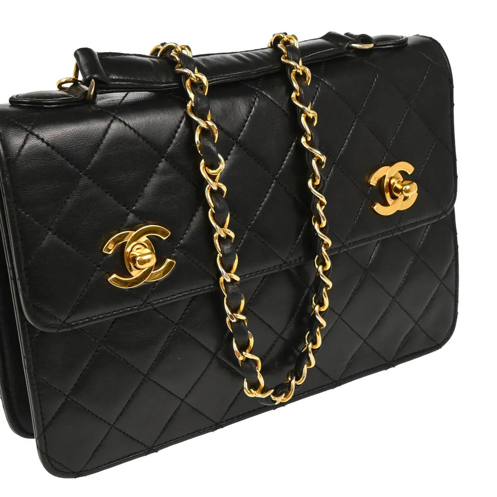 Chanel Black Lambskin Double Turnlock Shoulder Bag
