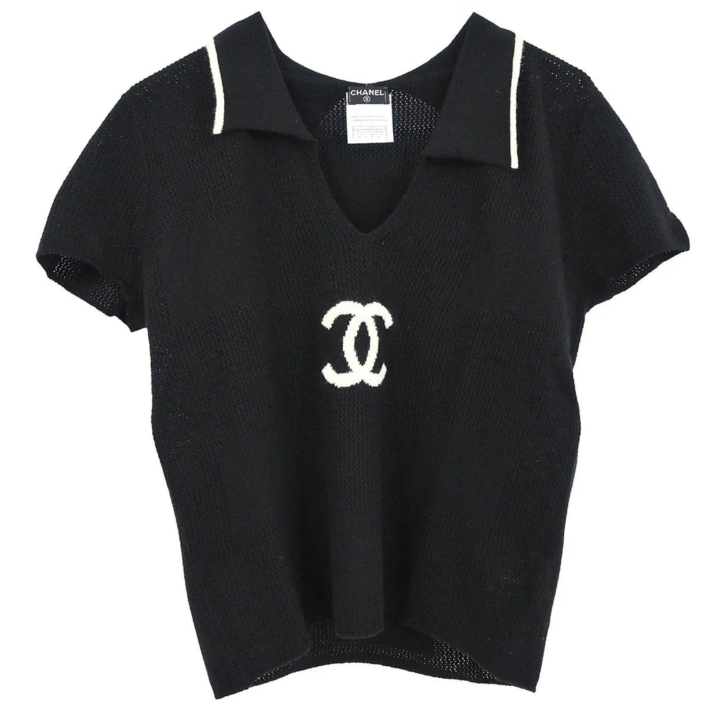 Chanel 2001 Short Sleeve Sweater Knit Top Black #42