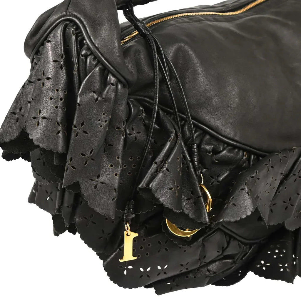 Christian Dior 2007 Black Leather Gypsy Ruffle Hobo Handbag