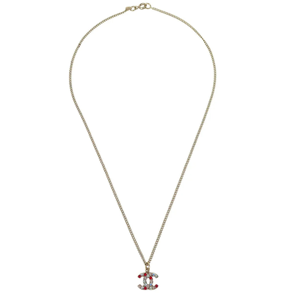 Chanel Gold Mini CC Pendant Necklace Rhinestone 04A