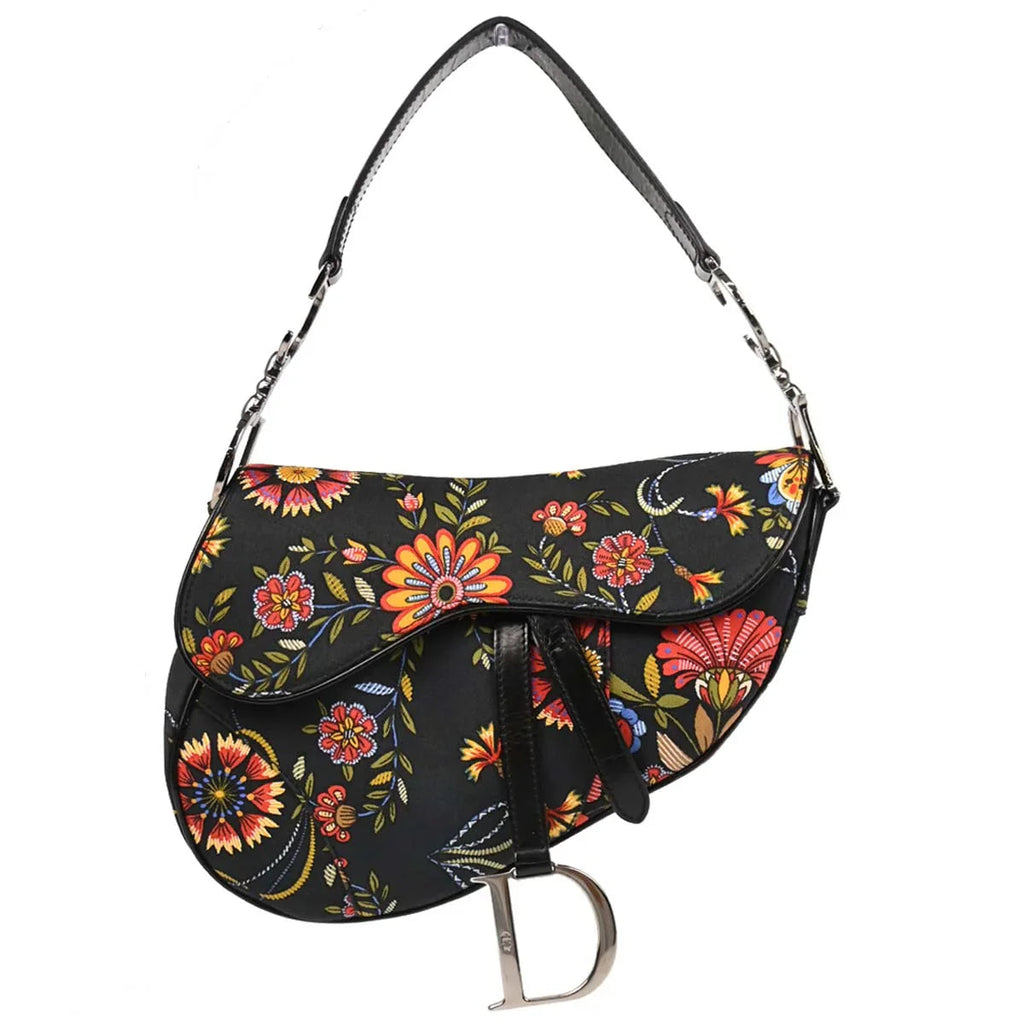 Christian Dior 2002 Black Canvas Floral Saddle Handbag
