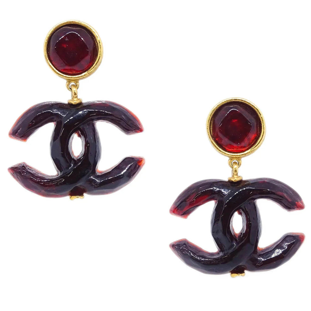 Chanel CC Dangle Earrings Gold Clip-On Red 99P
