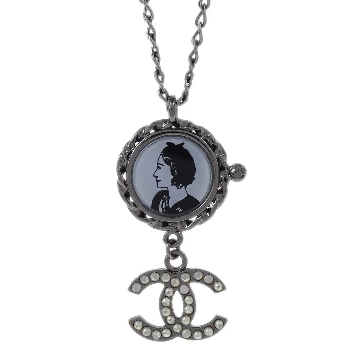 Chanel Mademoiselle CC Chain Pendant Necklace Silver Costume Pearl 03P