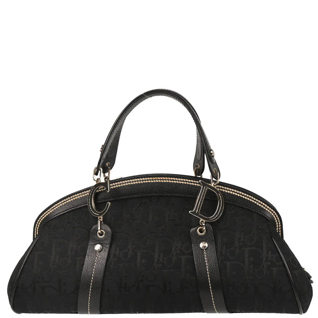 Christian Dior 2005 Black Floral Embroidery Trotter Handbag