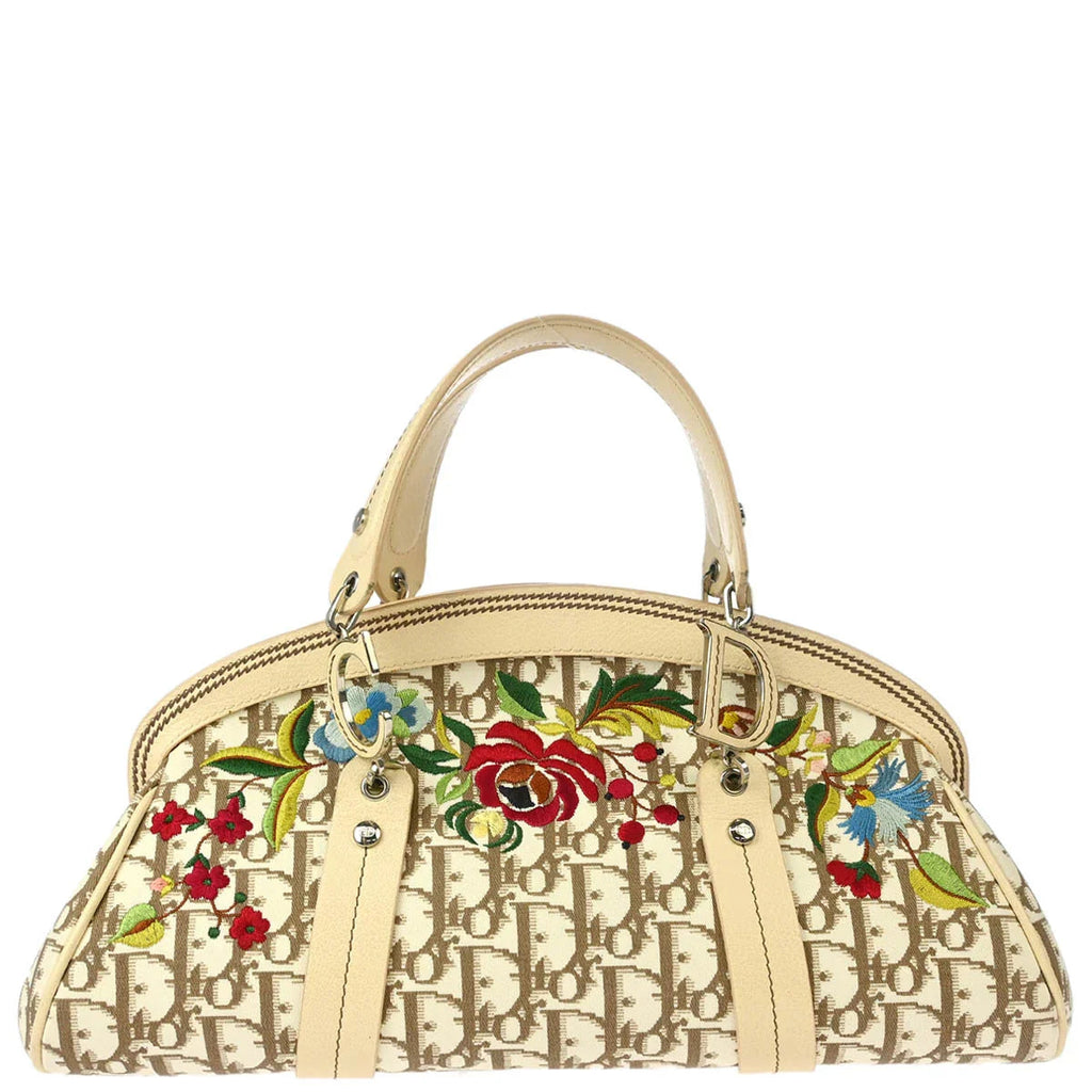 Christian Dior 2005 White Trotter Embroidered Flower Handbag