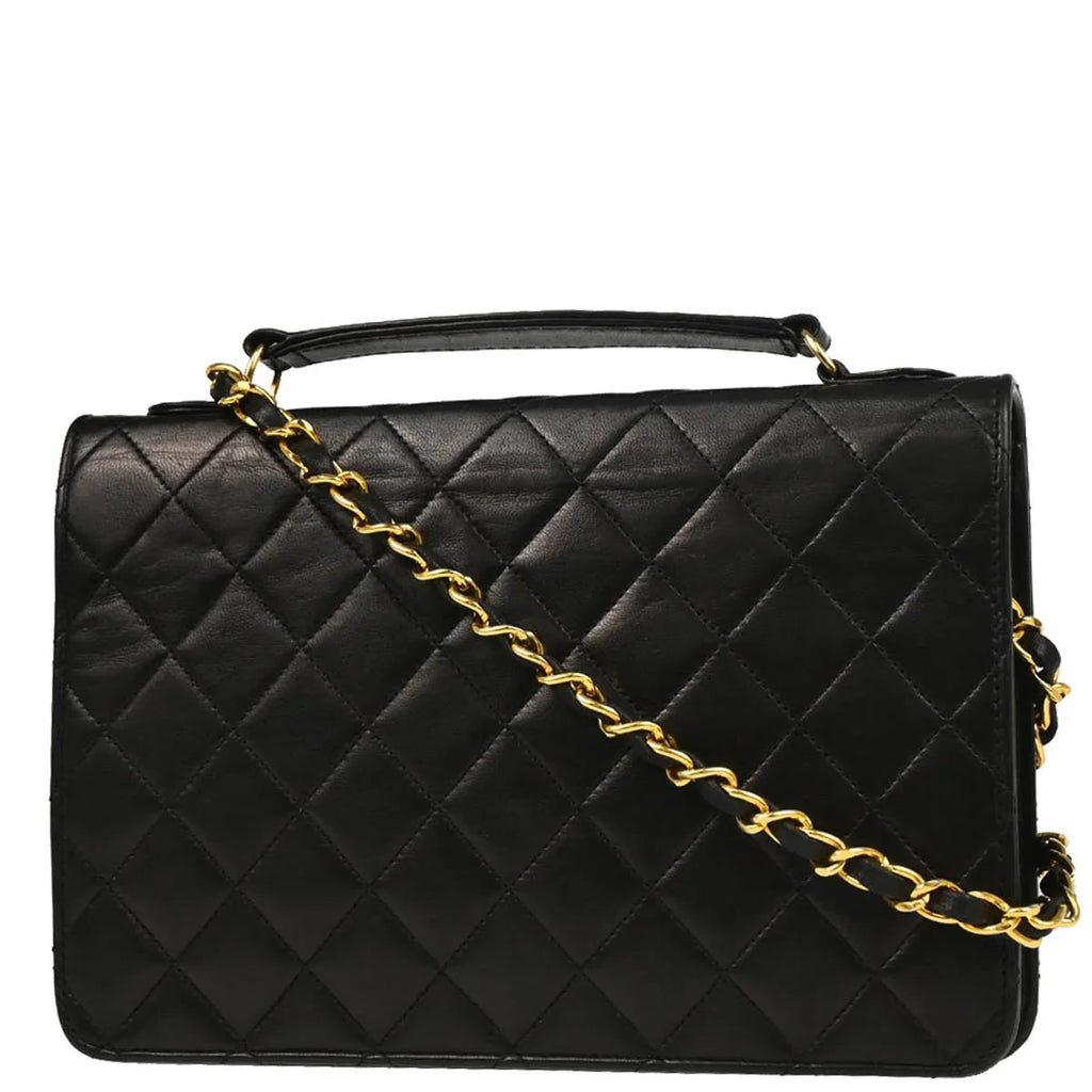 Chanel 1989-1991 Black Lambskin Double Turnlock Shoulder Bag