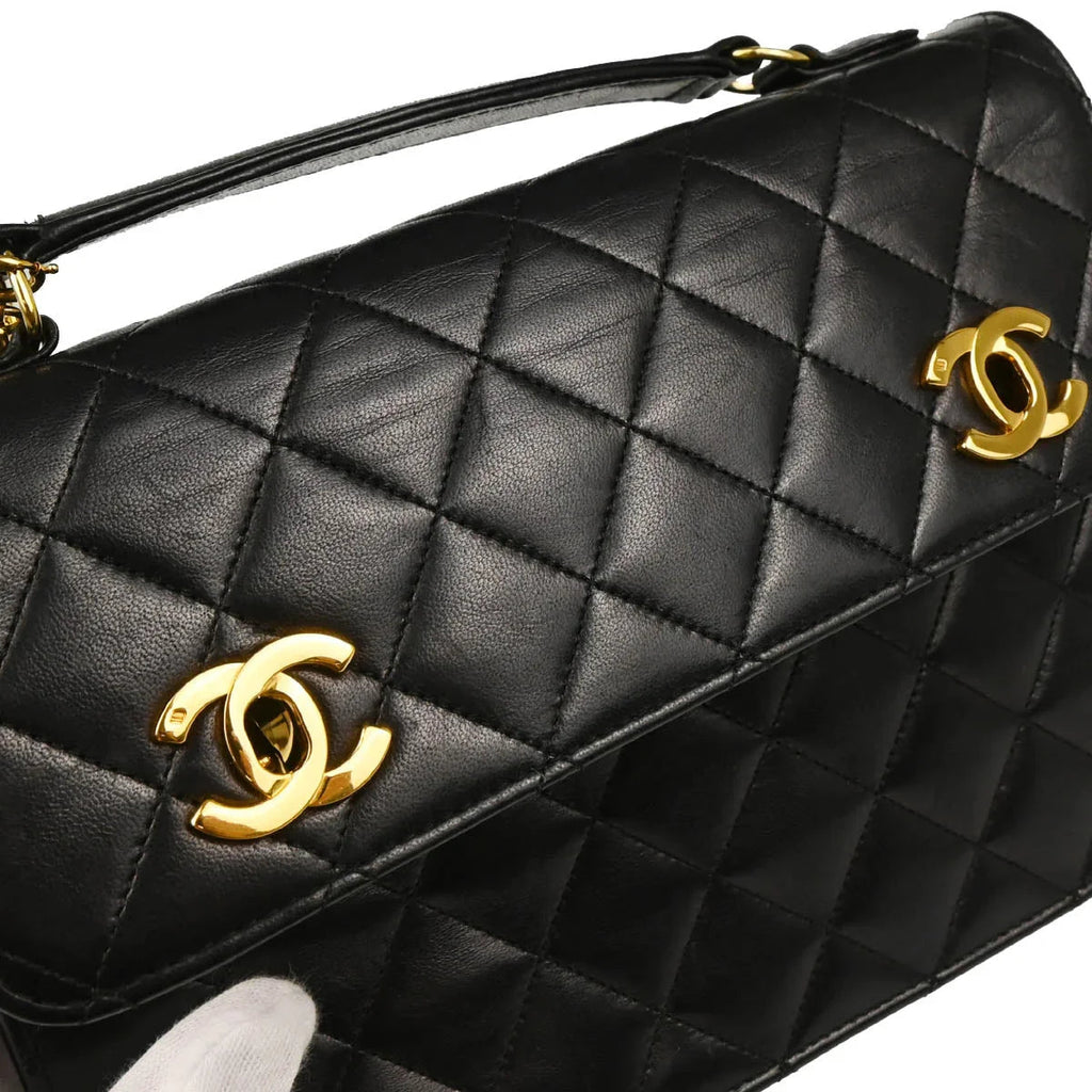 Chanel 1989-1991 Black Lambskin Double Turnlock Shoulder Bag