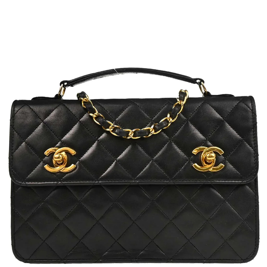 Chanel 1989-1991 Black Lambskin Double Turnlock Shoulder Bag