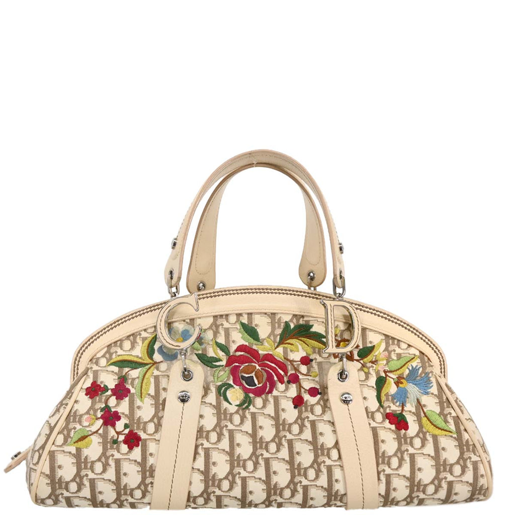 Christian Dior 2005 White Canvas Embroidered Flower Trotter Handbag