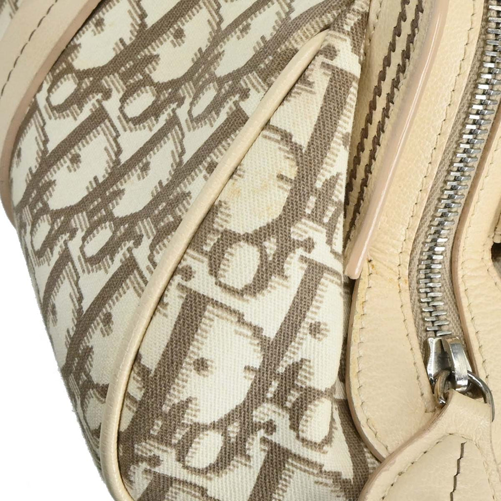 Christian Dior 2005 White Canvas Embroidered Flower Trotter Handbag