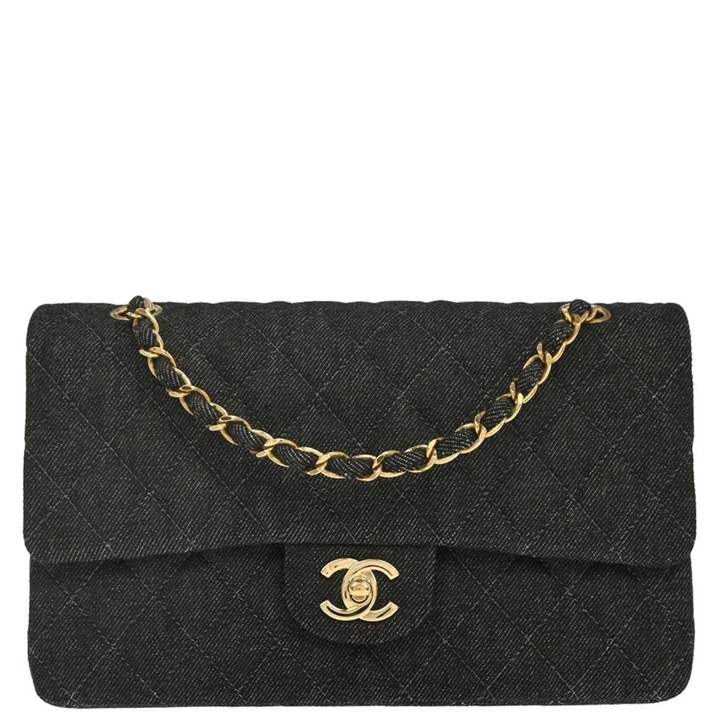 Chanel 1997-1999 Black Denim Medium Classic Double Flap Shoulder Bag