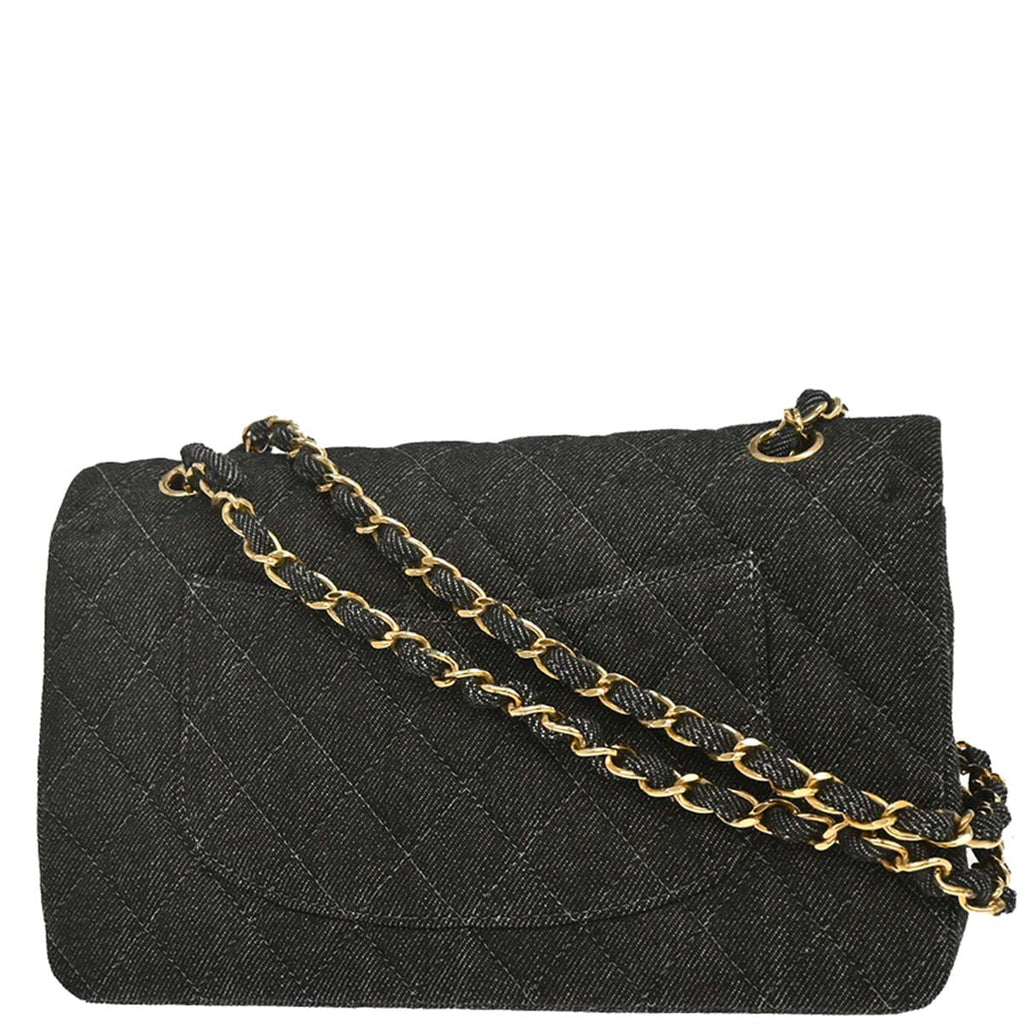 Chanel 1997-1999 Black Denim Medium Classic Double Flap Shoulder Bag