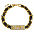 Chanel Gold Black Leather Rhinestone Choker Necklace 95P