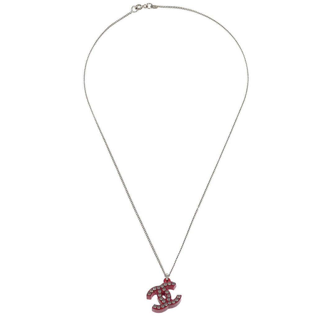 Chanel CC Chain Pendant Necklace Acrylic Silver Red 05P