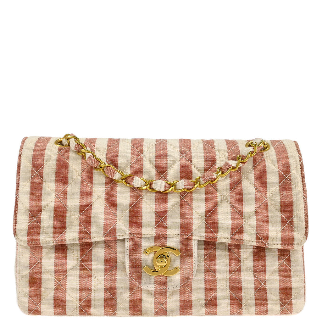 Chanel * Linen Striped Small Classic Double Flap Shoulder Bag
