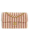 Chanel * Linen Striped Small Classic Double Flap Shoulder Bag