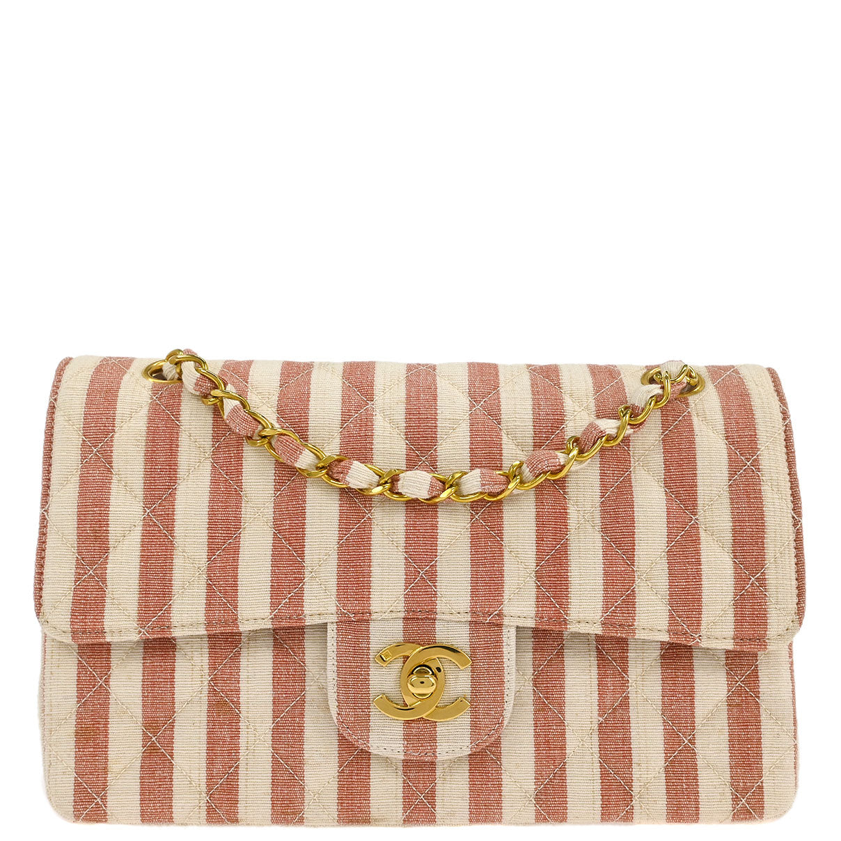 Chanel * Linen Striped Small Classic Double Flap Shoulder Bag