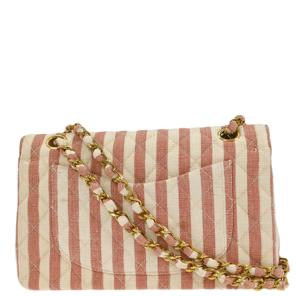 Chanel * Linen Striped Small Classic Double Flap Shoulder Bag
