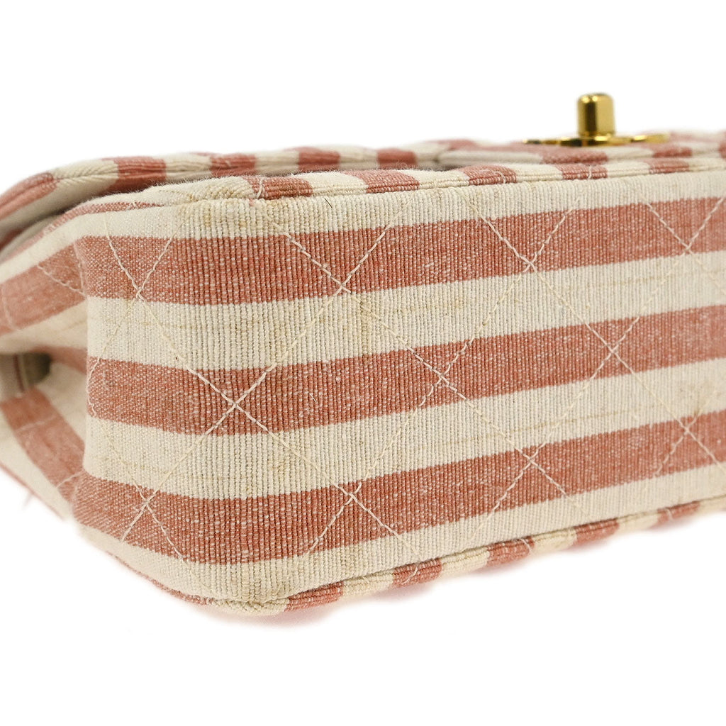 Chanel * Linen Striped Small Classic Double Flap Shoulder Bag
