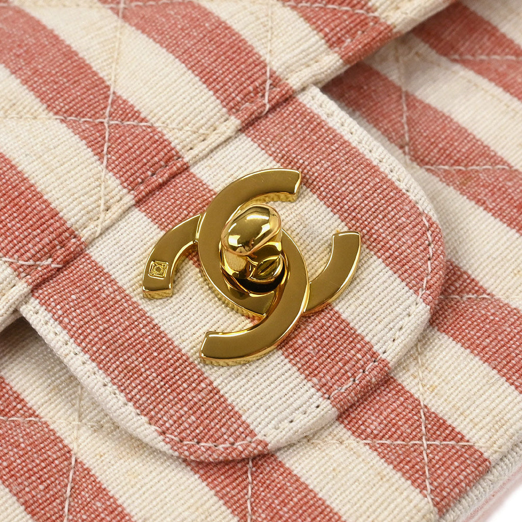 Chanel * Linen Striped Small Classic Double Flap Shoulder Bag